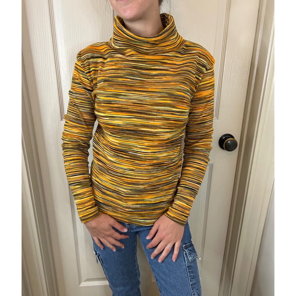 Vintage Space Dye Striped Turtleneck Ribbed Knit Long Sleeve Top Orange Brown